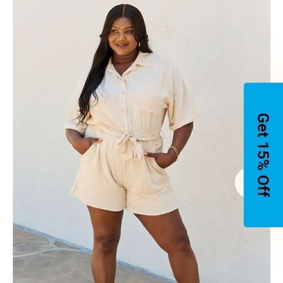 Collared Spring Summer Button Down Shirt Belts Romper in Cream - Picture 10 of 12